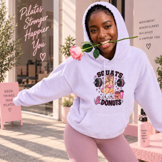 Squats & Donuts Hoodie — Cute Gym Fitness Pullover (Front Print)