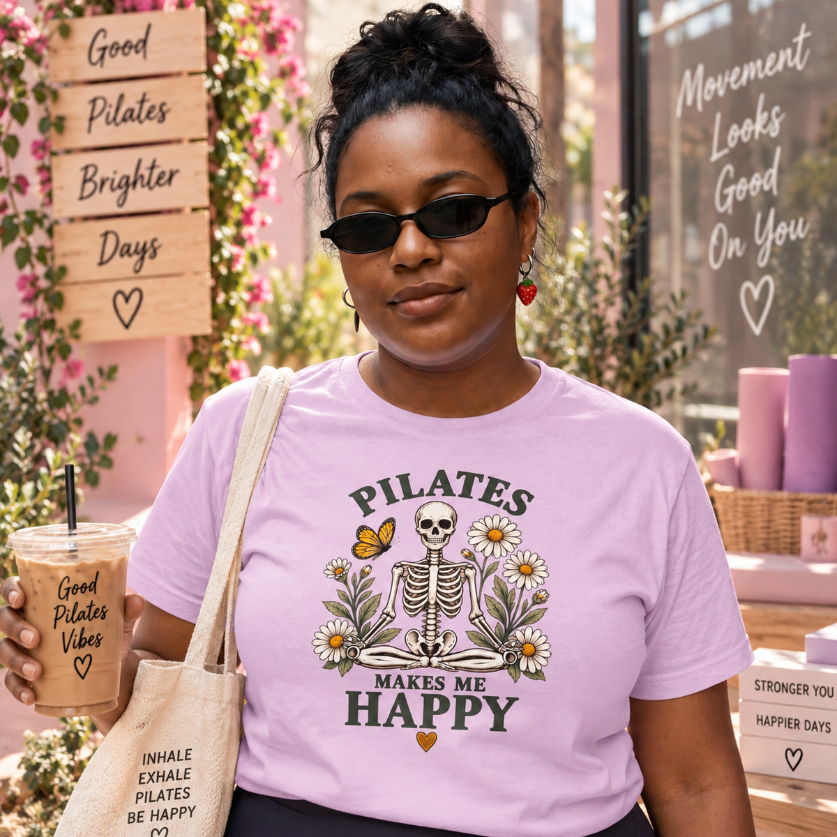 Pilates Makes Me Happy T-shirt | Skeleton Floral Illustration