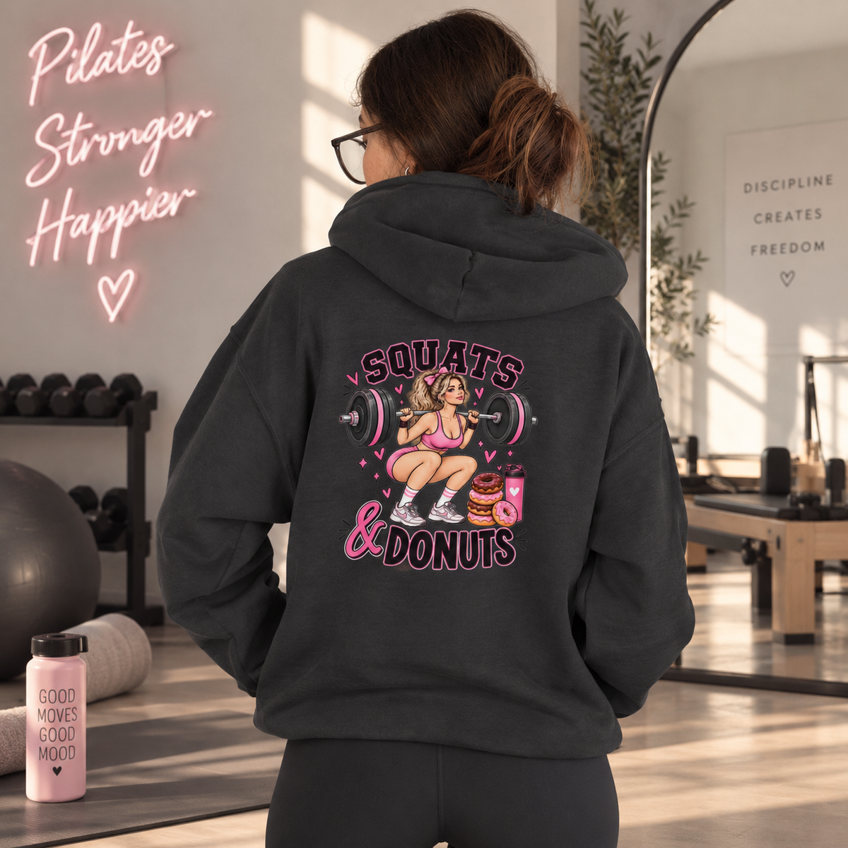 Squats & Donuts Hoodie – Gym Humor Fleece Sweatshirt (Back Print)