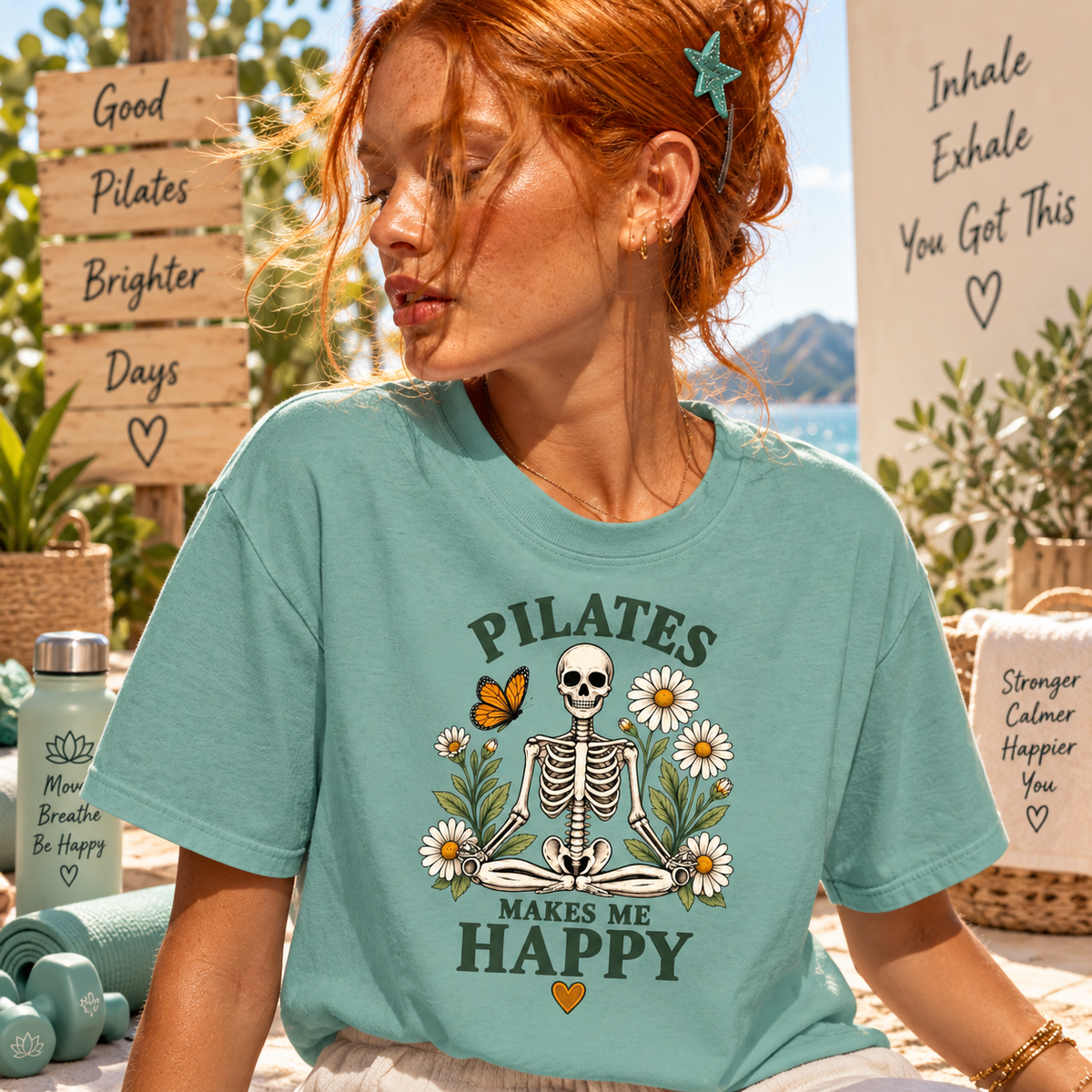 Pilates Makes Me Happy T-shirt | Skeleton Floral Illustration