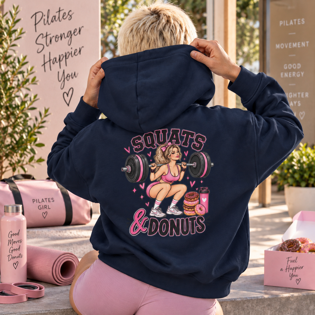Squats & Donuts Hoodie – Gym Humor Fleece Sweatshirt (Back Print)