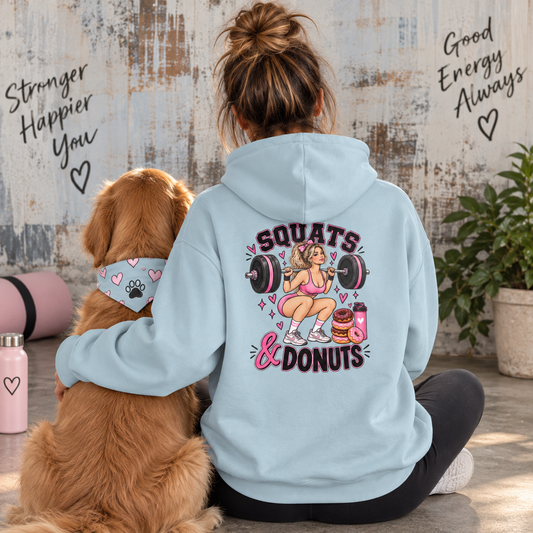 Squats & Donuts Hoodie – Gym Humor Fleece Sweatshirt (Back Print)