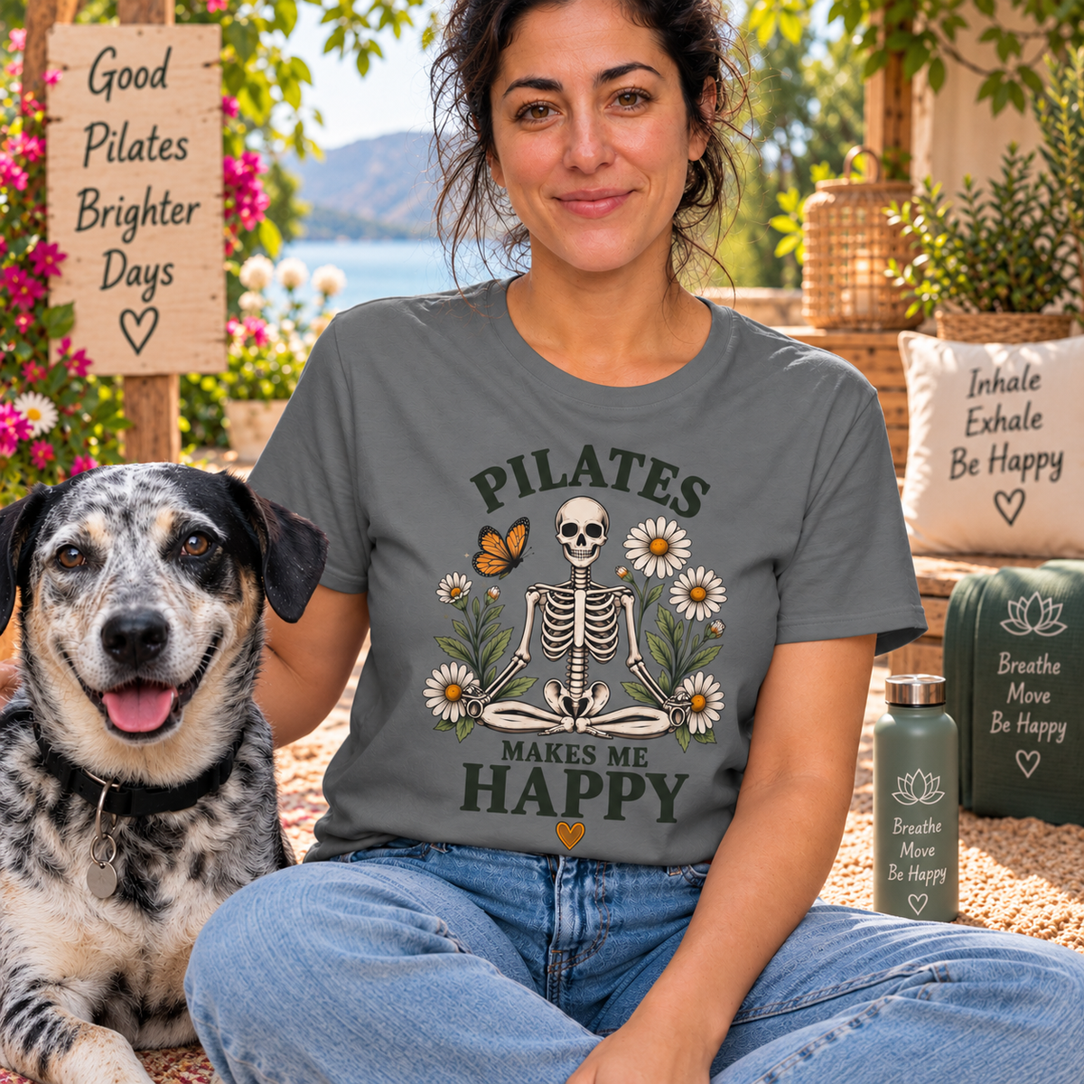 Pilates Makes Me Happy T-shirt | Skeleton Floral Illustration