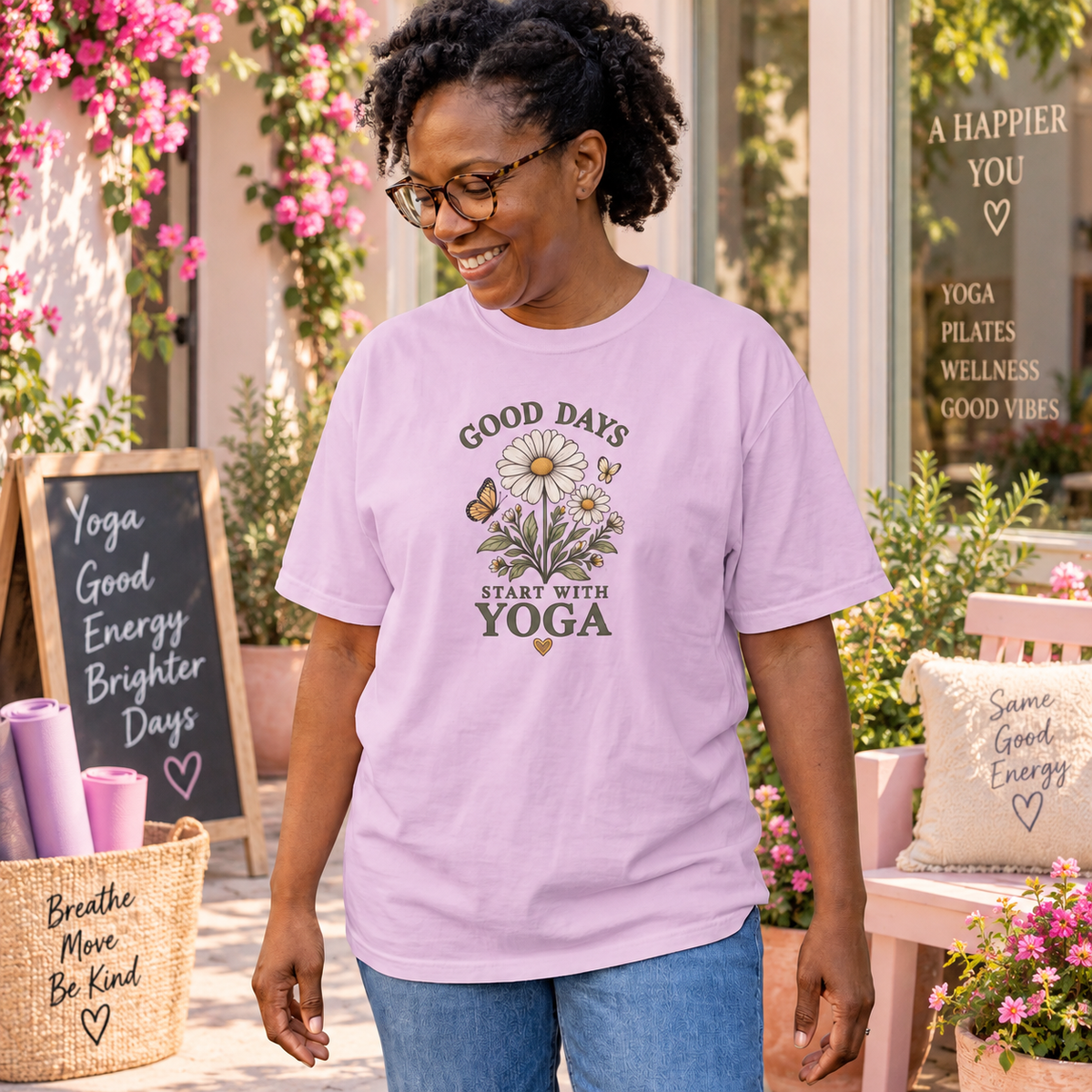 Good Days Start With Yoga T-shirt | Daisy Flower & Butterfly Yoga Shirt