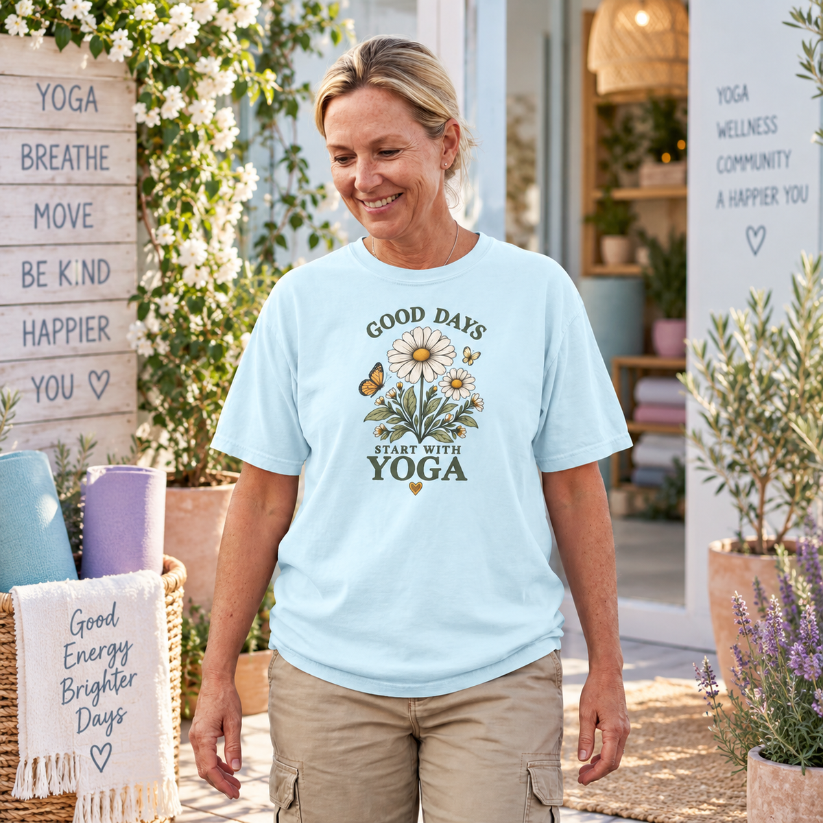 Good Days Start With Yoga T-shirt | Daisy Flower & Butterfly Yoga Shirt