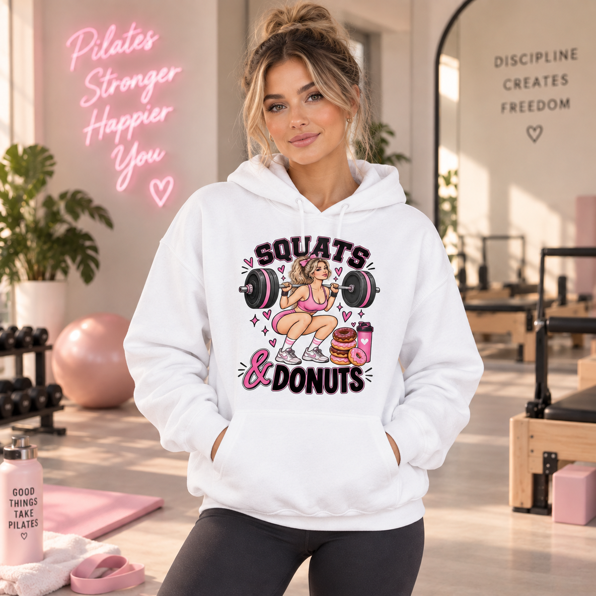 Squats & Donuts Hoodie — Cute Gym Fitness Pullover (Front Print)