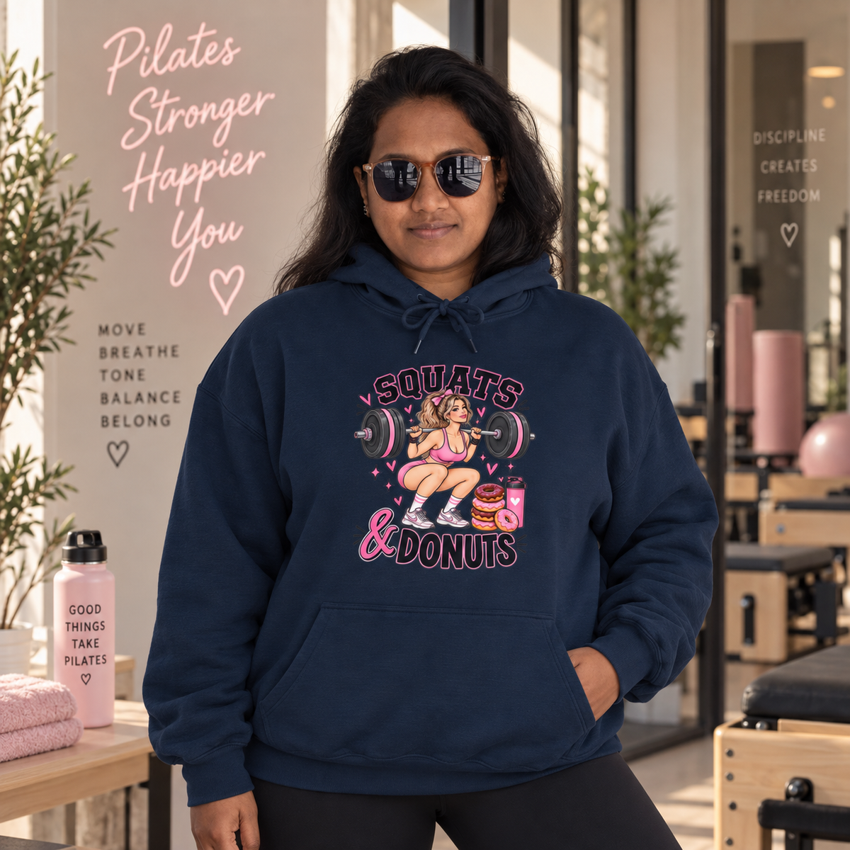 Squats & Donuts Hoodie — Cute Gym Fitness Pullover (Front Print)