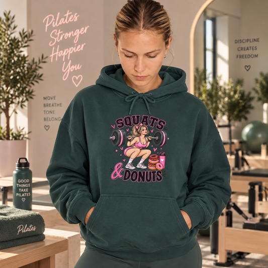 Squats & Donuts Hoodie — Cute Gym Fitness Pullover (Front Print)