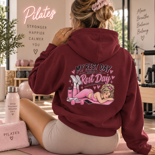 My Rest Day Needs a Rest Day Hoodie -  Relaxation Fitness Pin Up Sweater (Back Print)
