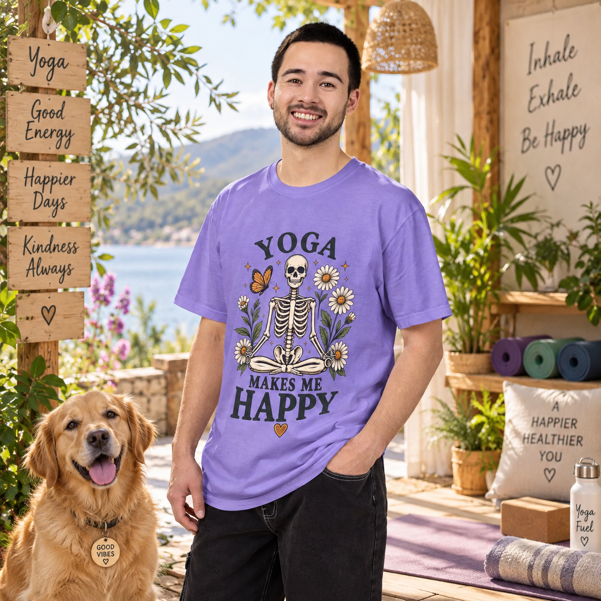 Yoga Makes Me Happy Skeleton Tee | Floral Daisy Butterfly T-shirt