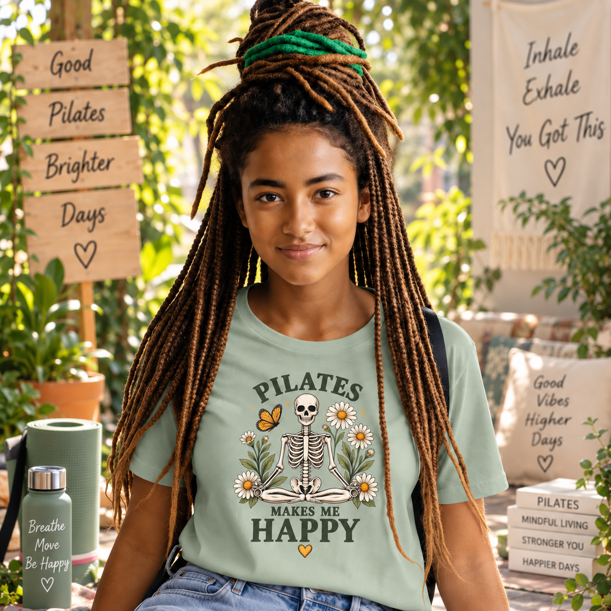 Pilates Makes Me Happy T-shirt | Skeleton Floral Illustration