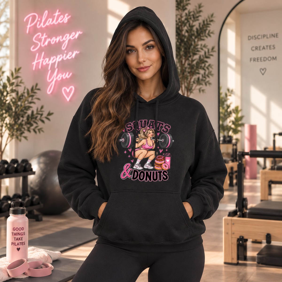 Squats & Donuts Hoodie — Cute Gym Fitness Pullover (Front Print)