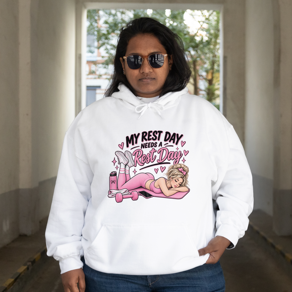 My Rest Day Needs a Rest Day - Relaxation Hoodie, Cozy Lounge Sweater (Front Printed)