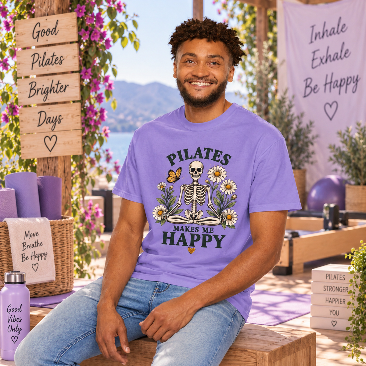 Pilates Makes Me Happy T-shirt | Skeleton Floral Illustration