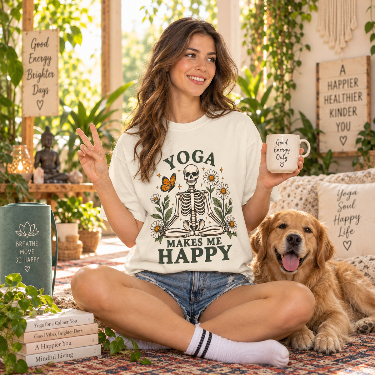 Yoga Makes Me Happy Skeleton Tee | Floral Daisy Butterfly T-shirt