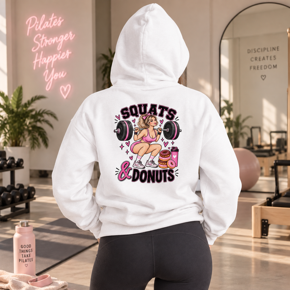 Squats & Donuts Hoodie – Gym Humor Fleece Sweatshirt (Back Print)