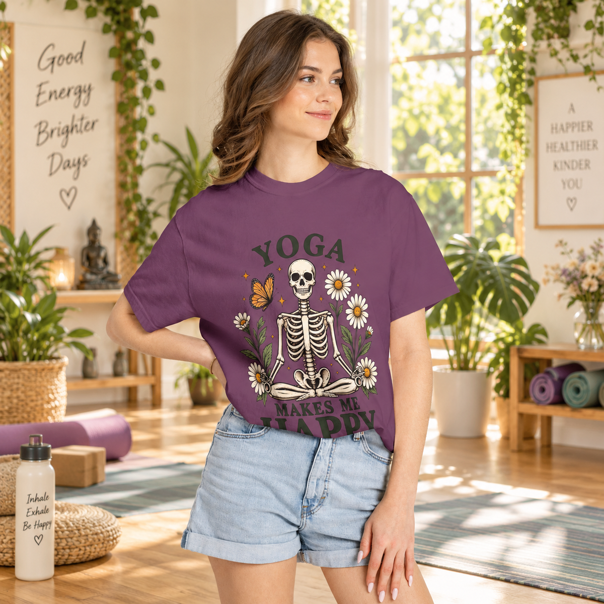 Yoga Makes Me Happy Skeleton Tee | Floral Daisy Butterfly T-shirt
