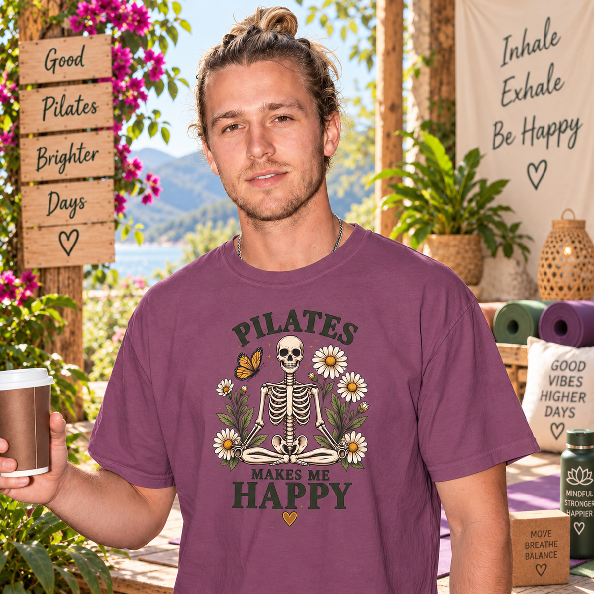Pilates Makes Me Happy T-shirt | Skeleton Floral Illustration