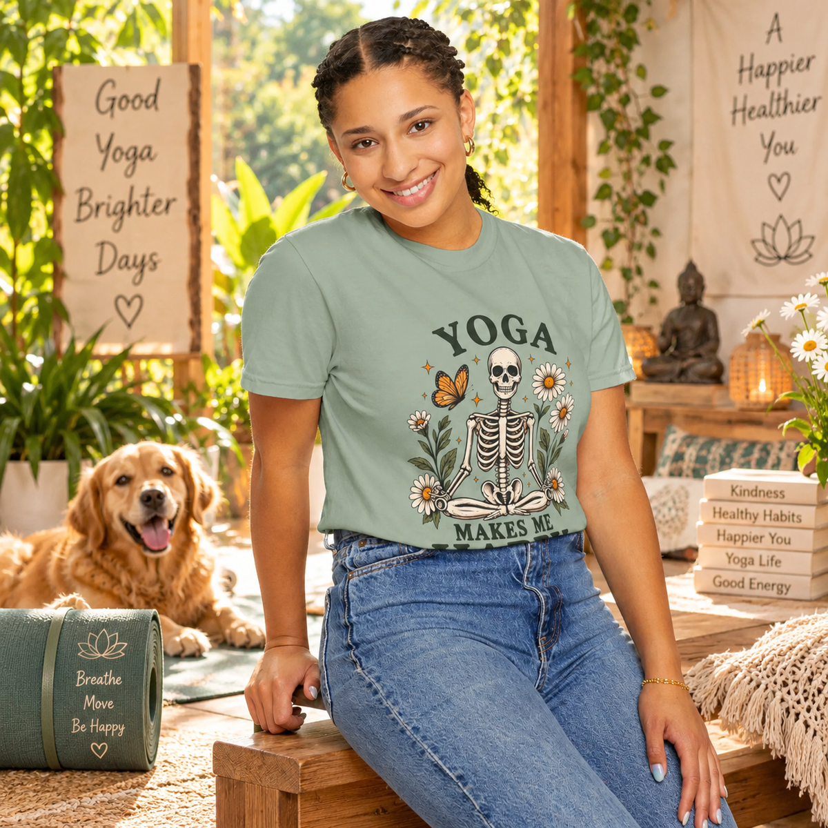 Yoga Makes Me Happy Skeleton Tee | Floral Daisy Butterfly T-shirt