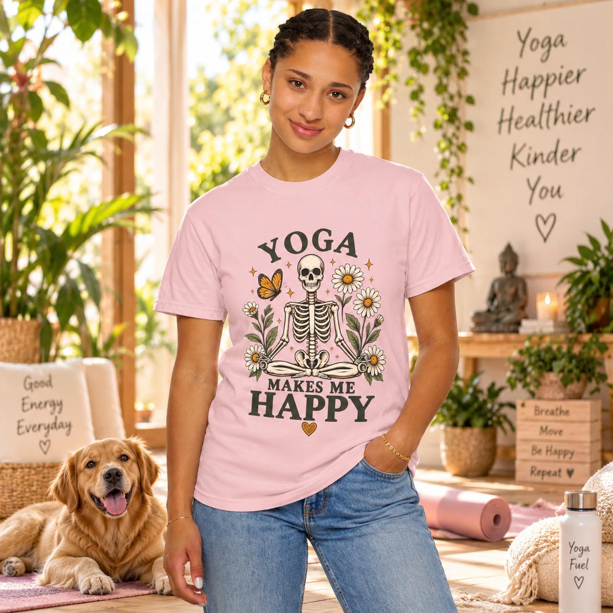 Yoga Makes Me Happy Skeleton Tee | Floral Daisy Butterfly T-shirt