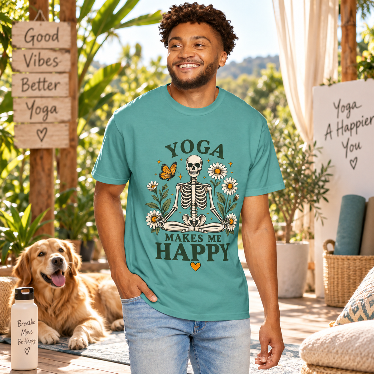 Yoga Makes Me Happy Skeleton Tee | Floral Daisy Butterfly T-shirt