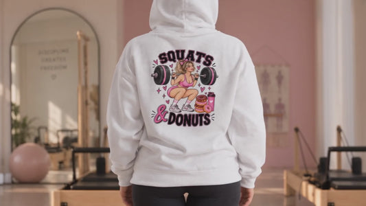 Squats & Donuts Hoodie – Gym Humor Fleece Sweatshirt (Back Print)